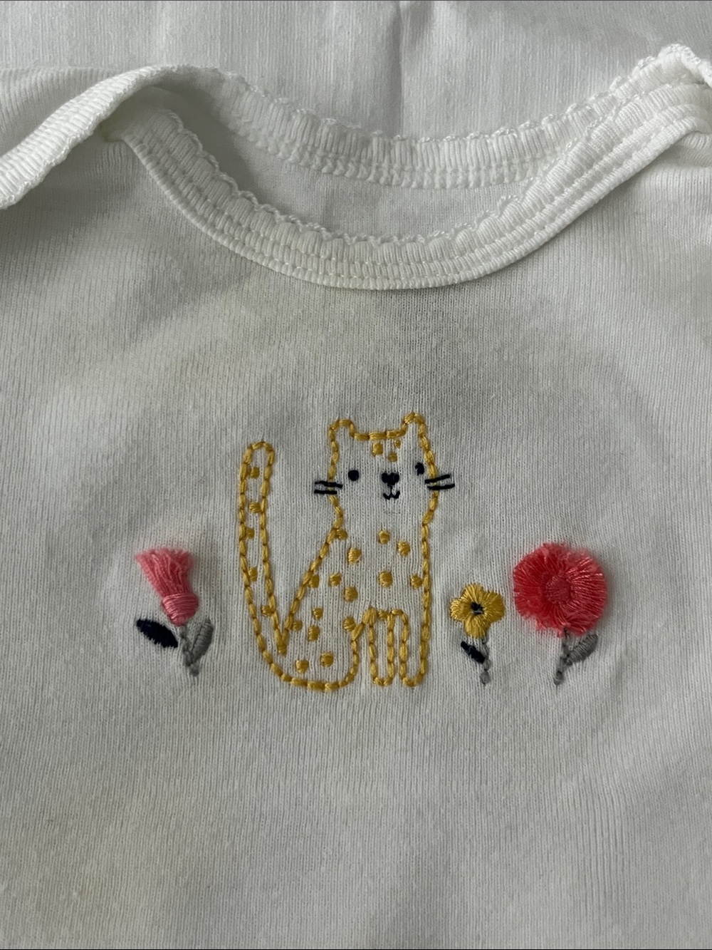 Carter's onesie with Yellow Cat and Pink Flower Embroidery